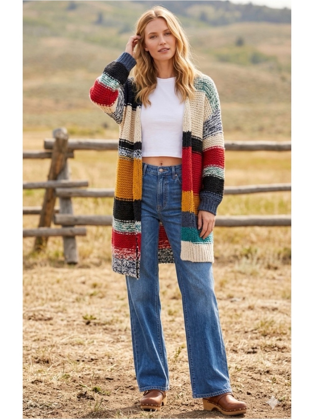 Sundance Amstel River Lamb Alpaca Wool Chunky Knit Striped Open-Front Cardigan S